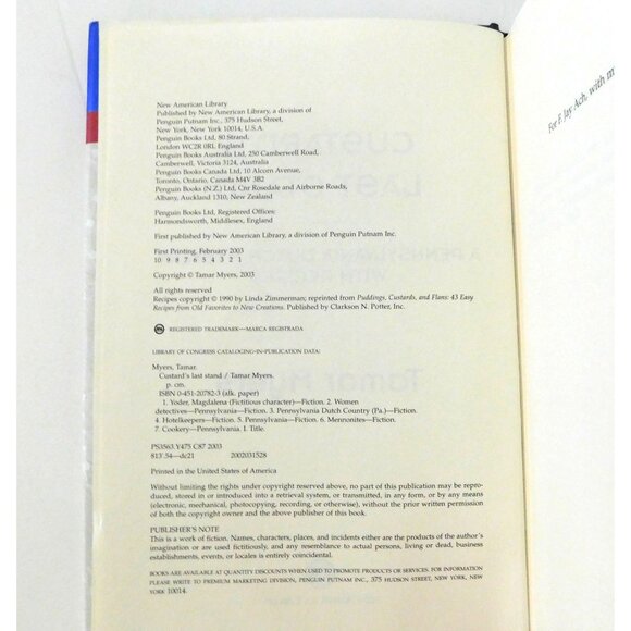 Custards Last Stand Tamar Myers 1st Print 2003 Pennsylvania Dutch Mystery HBDJ - Picture 5 of 7